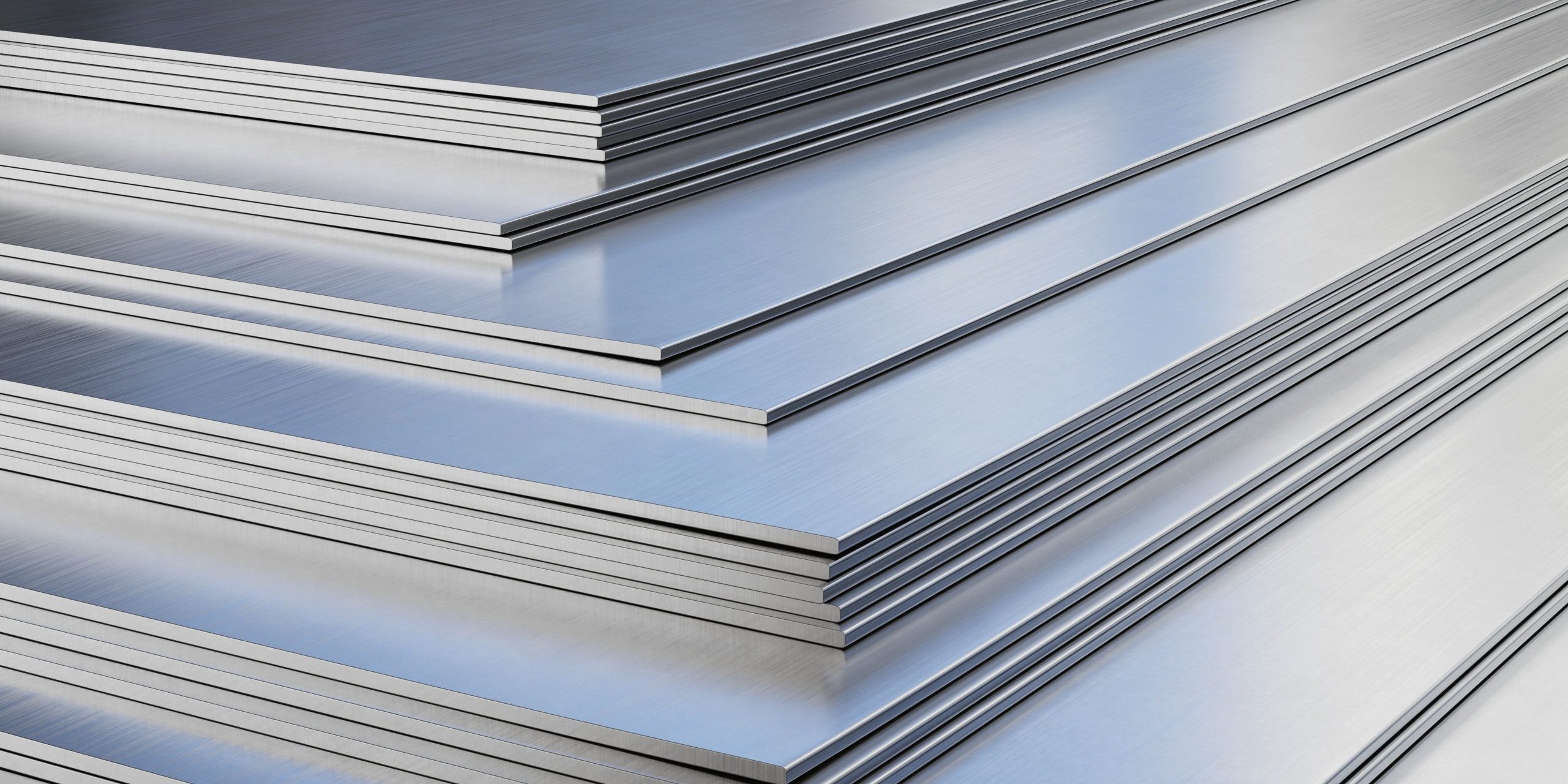 Steel sheets in warehouse, rolled metal product.